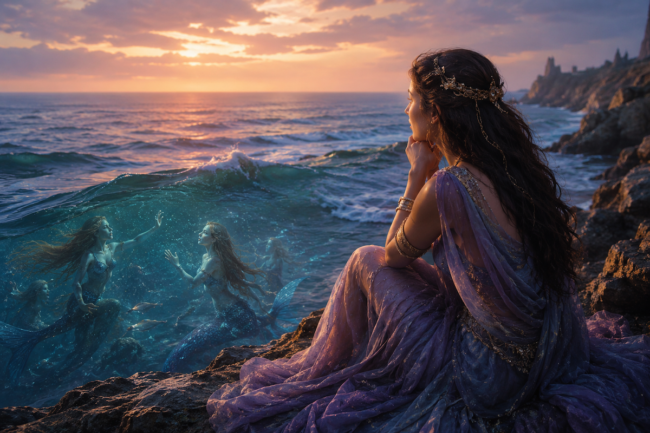 Young woman waiting by the sea for the return of her mermaid companions
Image